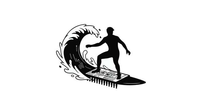 Silhouette of a surfer riding a wave on a surfboard shaped like a computer circuit board.