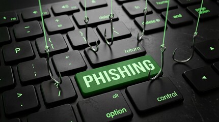 Phishing attack concept with fishing hooks on keyboard