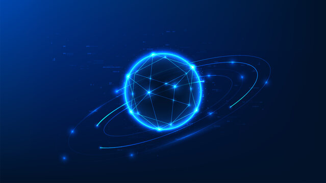 Quantum technology concept featuring sphere surrounded by dynamic energy rings, representing high-speed computation, advanced quantum processing, futuristic computing systems, generation innovation.