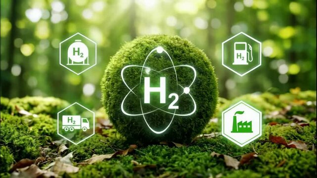 Green moss ball in a forest with glowing holographic H2 hydrogen energy, factory, and transport icons. Conceptual video for clean energy, zero carbon emissions, green tech, and sustainability.