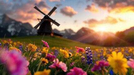 Beautiful Sunset Over Colorful Flower Field with Windmill and Mountains in Background