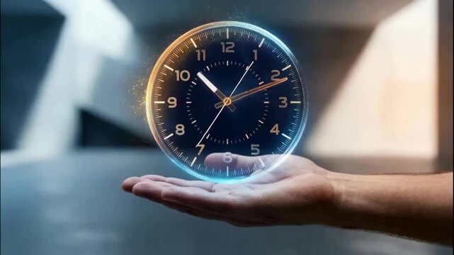 Close-up of a hand holding a glowing holographic clock against a blurred modern background. Futuristic conceptual video ideal for time management, business planning, technology, efficiency, and deadli