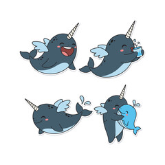 Cute cartoon narwhals showing emotions and having fun in a white background © JunayedStock