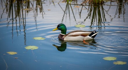 Obraz premium Mallard duck swimming peacefully in a serene pond.