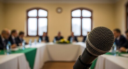 Fototapeta premium Close up of microphone in conference room with blurred attendees
