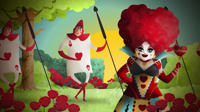 queen of hearts with marching card soldiers