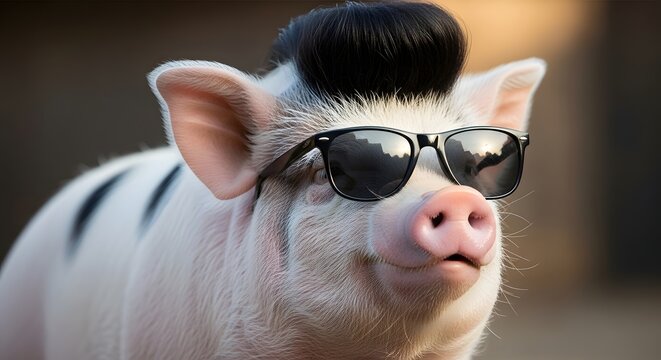 A pig wearing sunglasses and a mohawk.