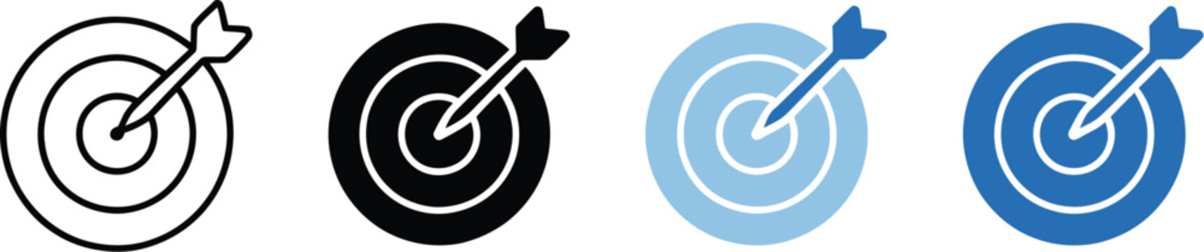 Target bullseye icon with dart hitting center concentric rings success goal achievement vector illustration set