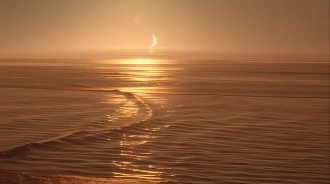 A breathtaking celestial event unfolds over the tranquil ocean, as a partial solar eclipse casts a golden glow across the shimmering waters at dusk