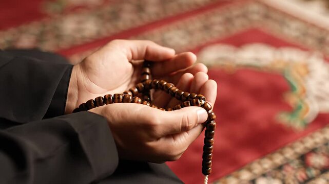 Hands holding prayer beads during spiritual devotion over a patterned rug