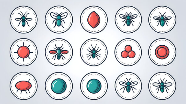 Image Generation. Line style icons of Plasmodium host alternation: mosquito, human blood cell, sporozoite, merozoite, gametocyte,