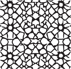 Fototapeta premium A symmetrical black and white geometric pattern repeats star shaped motifs and small diamond elements in a dense arrangement.