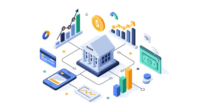Isometric illustration depicting financial growth banking and digital transactions