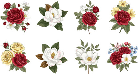 Vintage Rose and Magnolia Floral Bouquet Collection with Elegant Botanical Flowers Vector Illustration Set Isolated