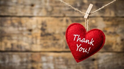 Felt heart with thank you message hanging on rustic wooden background