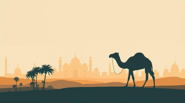 camel and mosque in the desert islamic background vector illustration
