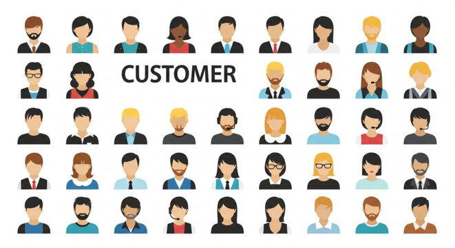 Diverse group of people icons representing customers in a modern flat design style on white background