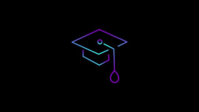 Neon line graduation icon animation, Glowing neon academic education hat animated, university, learning and student celebration cap digital icon loop animation.