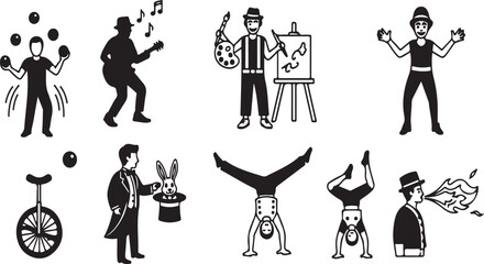 A diverse collection of circus performers and acts depicted in black and white Vector © Nur
