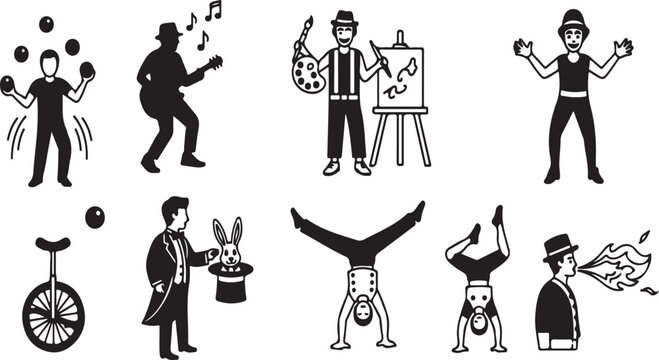 A diverse collection of circus performers and acts depicted in black and white Vector