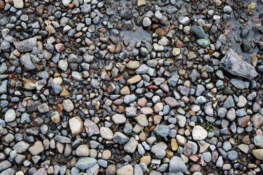 Detail of pebbles on a riverbed with a small amount of remaining water