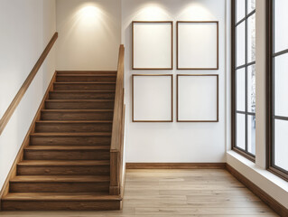 Fototapeta premium Modern staircase wooden stair interior design white wall empty frame large window natural light minimalist decor bright hallway contemporary home Modern staircase with wooden stair, white wall
