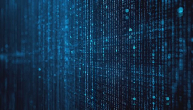 Futuristic blue digital data flow with glowing binary code and abstract technology background.