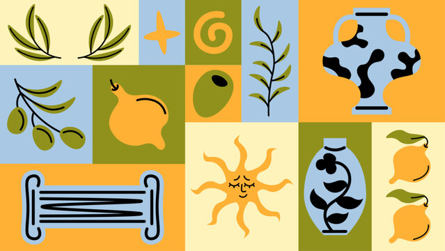 Greek seamless pattern with bright sun, lemons, olive trees and olives, ancient columns and ceramic vases. Mediterranean summer mood, warm tones, playful cartoon illustration style.