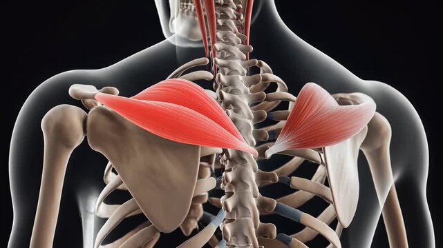 Human Anatomy Detailed Illustration of the Rhomboid Muscles and Skeletal Structure.
