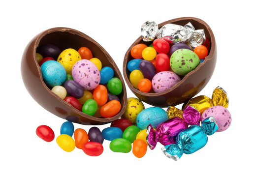 A vibrant easter egg hunt scene with chocolate eggs and colorful candy.