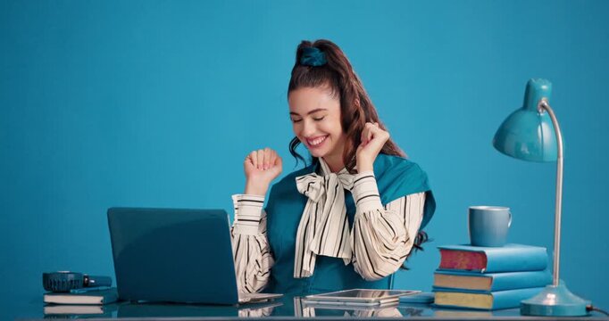 Happy, woman and dancing in office with laptop, digital marketing success or campaign approval. Excited, person and celebration in creative studio with computer, advertising milestone or achievement.