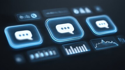 Futuristic Chatbot Communication Interface Design with Conversation Bubbles and Data Analytics Elements