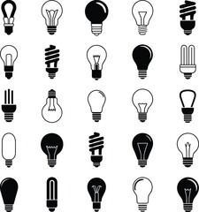 Large Collection of Light Bulb Icons Featuring Various Shapes Incandescent LED and Energy Saving Fluorescent Lamps in Black Silhouette Vector Graphics for Idea and Innovation