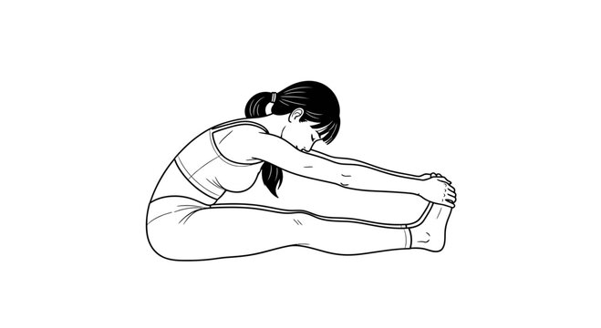 Woman doing seated forward bend yoga pose, stretching hamstrings and spine