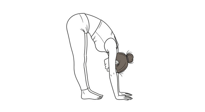 Woman Performing Standing Forward Bend Yoga Pose, Uttanasana, Stretching Hamstrings and Spine