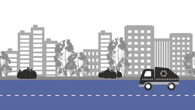 Garbage Collection Animation. Garbage Truck Drives down the Street and Collects Trash. City Street. Black Truck, Black Garbage Bags, Road, Buildings Silhouettes. Loop Video in Blue, Black, Gray, White