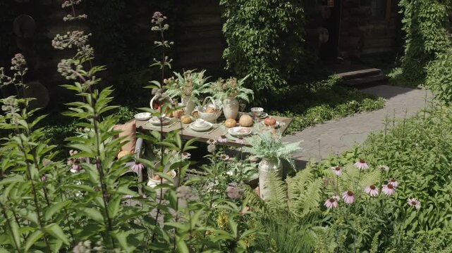 Drone circling rustic pumpkin table setup
