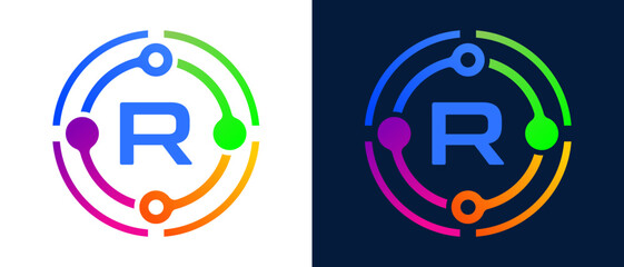 Obraz premium Modern letter “R” logo with colorful circular connection elements, representing digital technology, network connectivity, innovation, and smart systems.