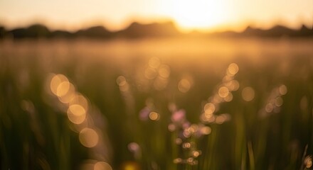 Serene Field at Sunset with Blurred Grasses.