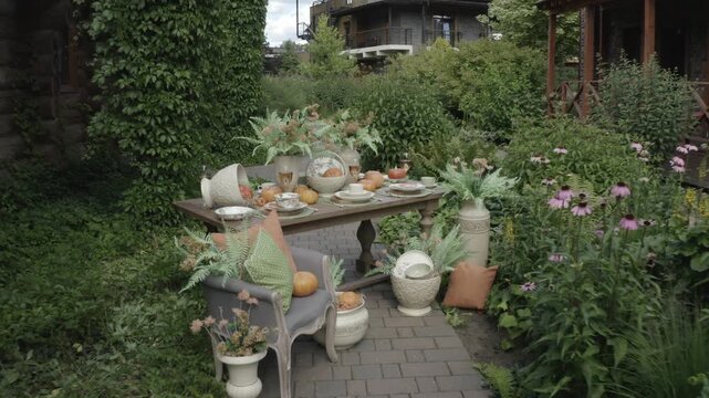Drone approaching rustic pumpkin table setup