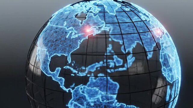 Futuristic digital globe with glowing blue world map and network connections