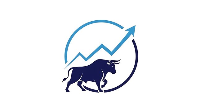 Bull market logo design featuring blue upward arrow and strong bull silhouette in circle