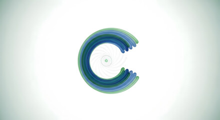 A sophisticated digital artwork featuring layered blue and green curved brush strokes forming a stylized letter C with a delicate spiral core
