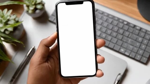 A person's hand holds a modern smartphone featuring a pristine, blank white screen, perfectly positioned for custom content overlay. The subtly blurred background creates a sophisticated office or hom