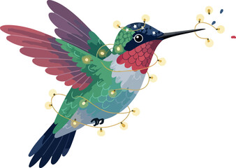 Obraz premium Hummingbird Flying With Christmas Lights Around Neck Isolated