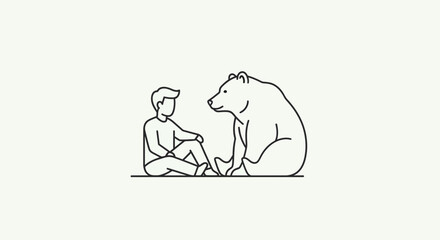 Man and Bear Sitting Together, Minimalist Line Art Illustration, Friendship Concept