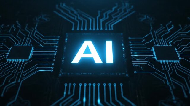 Glowing AI Logo on Digital Circuit Board &ndash; Artificial Intelligence Technology Background