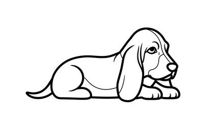 Cute Basset Hound Puppy Lying Down, Black and White Line Art Illustration