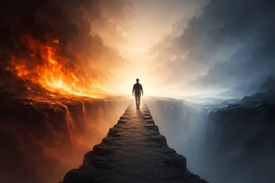A lone figure walking a narrow path between fire and ice, symbolizing balance, inner conflict, and choosing the middle way in life.