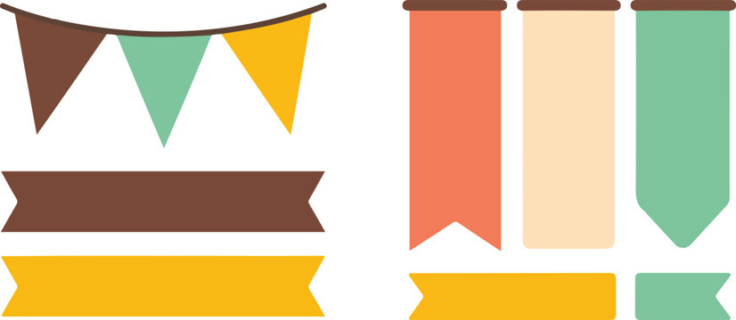 Colorful ribbon banners and bunting flags flat vector set featuring decorative labels and festive elements isolated on white background